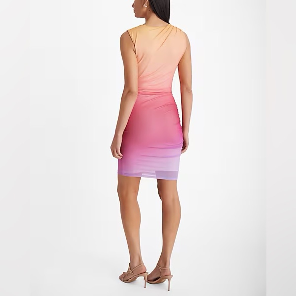 Express Ombré Mesh High Neck Sleeveless Ruched Sheath Dress - Picture 5 of 11